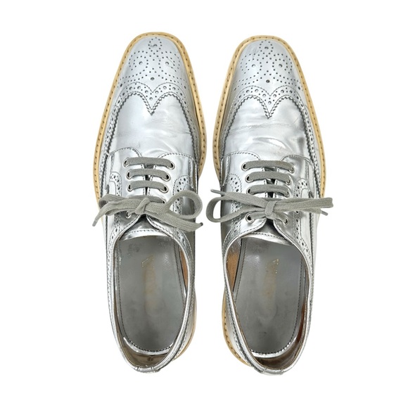 PRADA Silver Leather Wingtip Laceup Brogue Platform Derby Sneakers sz 39.5 - Picture 1 of 12